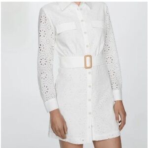 MANGO White Cotton Eyelet Belted Long Sleeve Shirt Dress 6/8